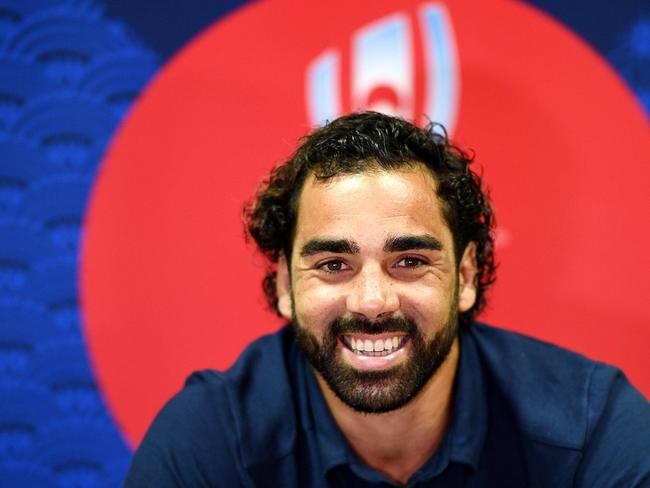 France's left wing Yoann Huget smiles at a press conference at the Fuji Hokuroku Park in Fujiyoshida on September 10, 2019, where the French squad will train ahead of the Japan 2019 Rugby World Cup which begins on September 20. (Photo by FRANCK FIFE / AFP)