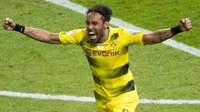 Dortmund's forward Pierre-Emerick Aubameyang celebrates.