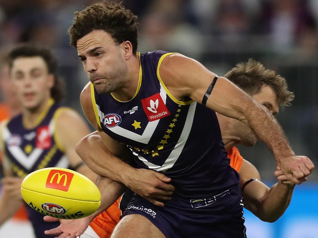 Vic clubs are circling Dockers defender Griffin Logue. Picture: AFL Photos/Getty Images