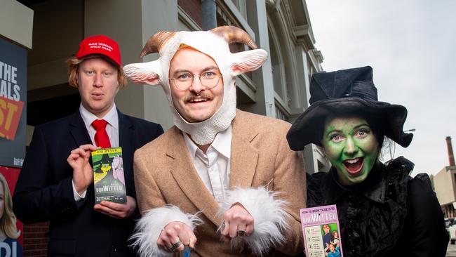 Cast members from Uni Revue, Thomas Taylor, Nat Kerruish, and Melanie Shoobridge at Hobart City Hall on polling day. Picture: Linda Higginson