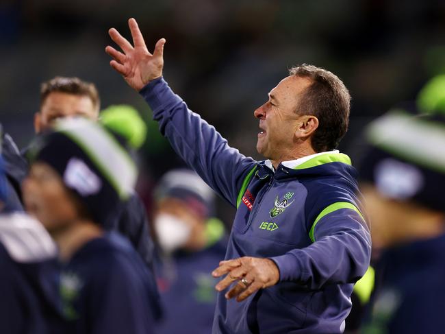 CANBERRA, AUSTRALIA - MAY 06: Raiders coach Ricky Stuart reacts to a decision during the round nine NRL match between the Canberra Raiders and the Canterbury Bulldogs at GIO Stadium, on May 06, 2022, in Canberra, Australia. (Photo by Mark Nolan/Getty Images)