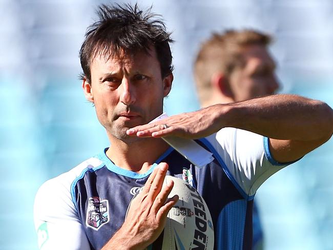 Laurie Daley calls time during a New South Wales Blues training session.