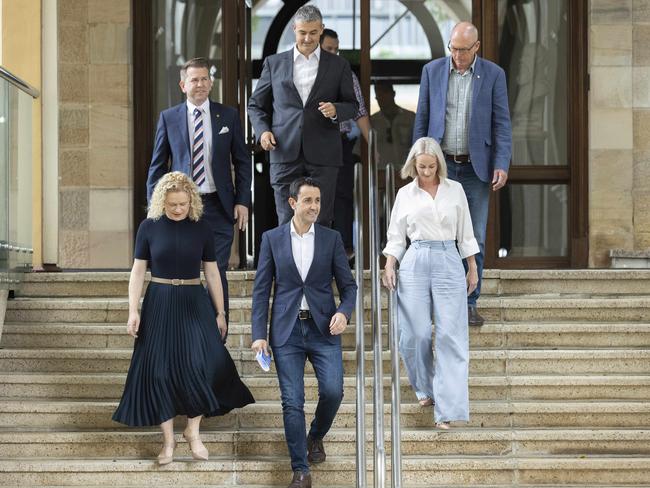 Premier David Crisafulli (centre front) and Deputy Premier Jarrod Bleijie (left rear) with assistant ministers at Parliament House on Sunday. Picture: Richard Walker