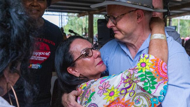 Linda Burnery embraces Anthony Albanese during the Garma Festival last year. Picture: Getty Images