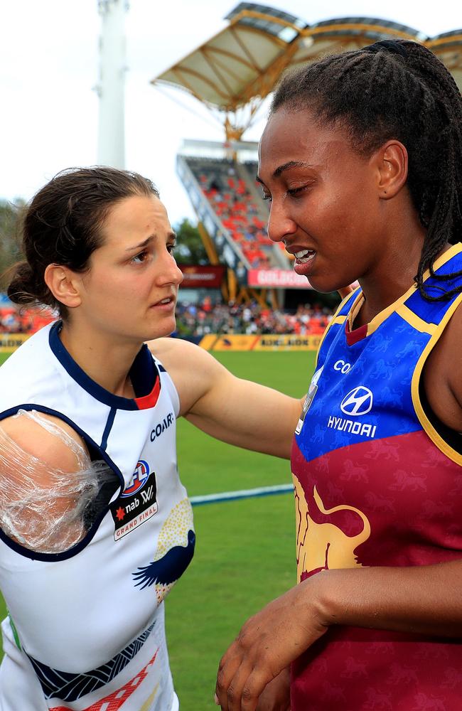 Heather Anderson consoles Sabrina Frederick-Traub after the Women's AFLW Grand Final between the Brisbane Lions and Adelaide Crows. Picture: Adam Head