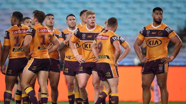 Payne Haas (right) of the Broncos looks on after a Rabbitohs try during the round 13 NRL match between the South Sydney Rabbitohs and the Brisbane Broncos. Haas is facing 2-3 weeks.