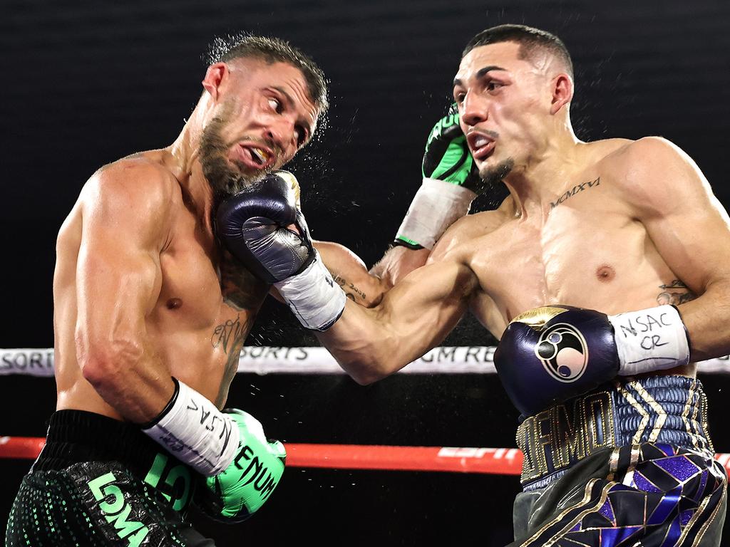 Vasiliy Lomachenko (L) was beaten by Teofimo Lopez Jr in their Lightweight World Title bout at MGM Grand Garden Arena on October 17, 2020. Picture: Mikey Williams/Top Rank via Getty Images