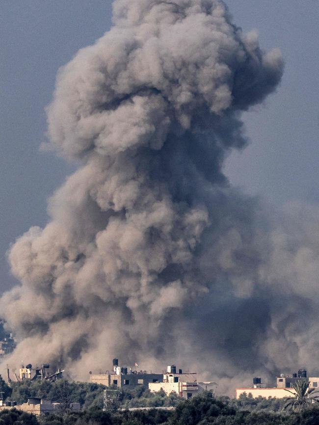 A smoke plume erupting during Israeli bombardment amid ongoing battles between Israel and the Palestinian Hamas movement. Picture: AFP