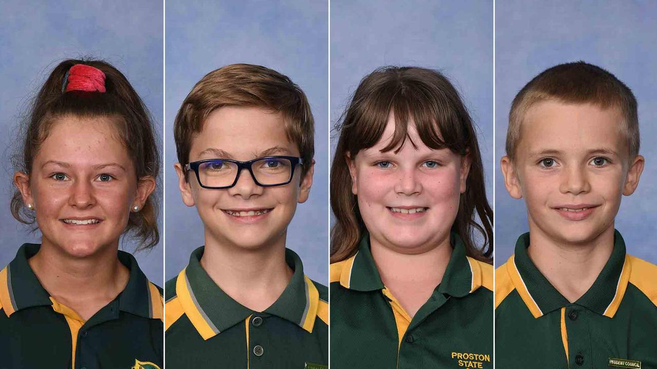 Proston State School captains Kaitlyn Barber and Darren Blanch, vice captains Isabelle Bleys and Jayden Hockey