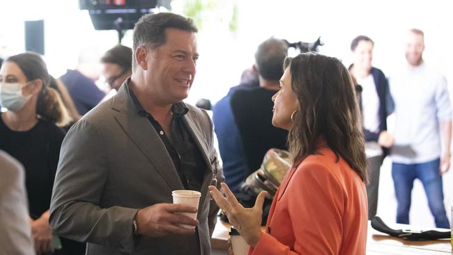 Karl Stefanovic and Lisa Wilkinson catch up on the Gold Coast. Picture: Nigel Hallett