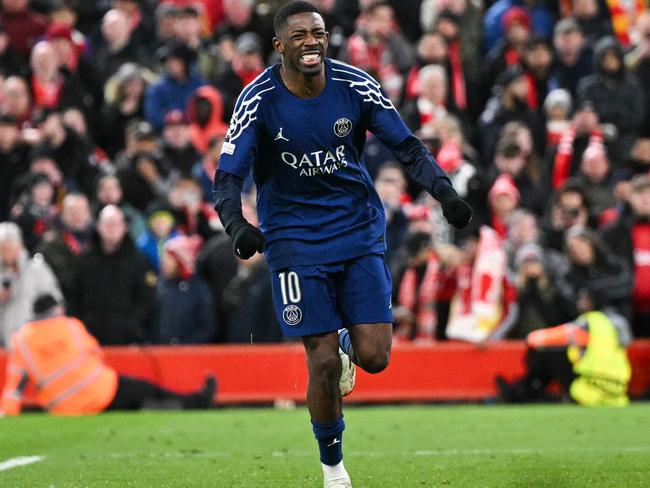 Paris Saint-Germain's French forward No. 10 Ousmane Dembele celebrates scoring a penalty. Picture: AFP