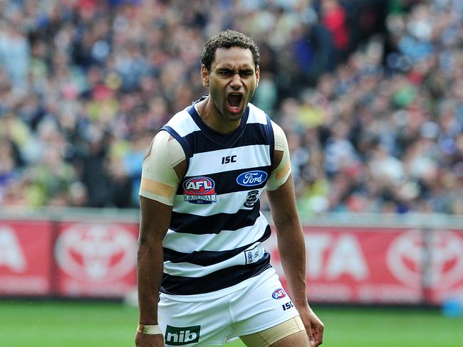 Travis Varcoe celebrates his second goal of the 2011 grand final.