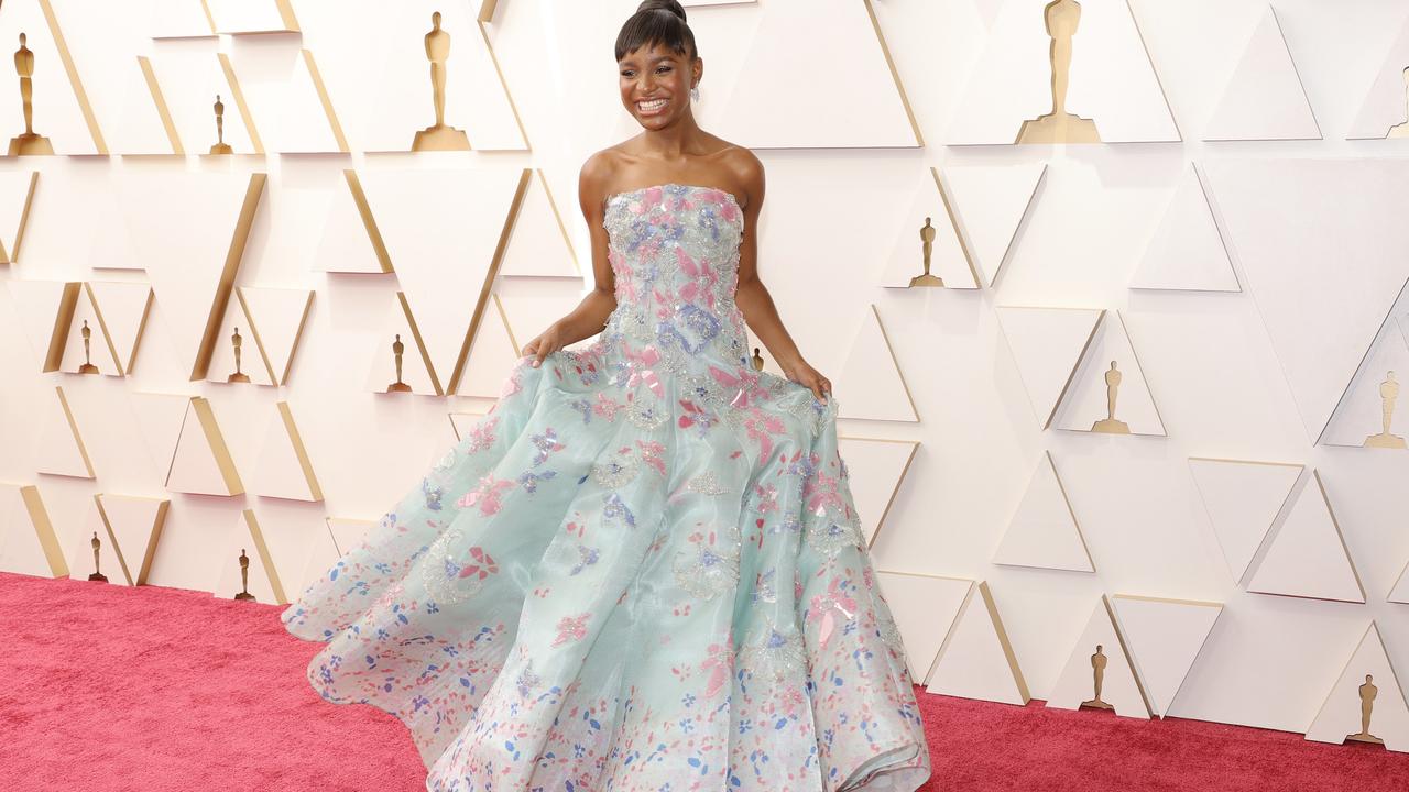 King Richard’s Saniyya Sidney was a fresh vision in strapless ice-blue Armani Prive, embellished with floral appliques and beading, and a handpainted hem. Picture: Getty