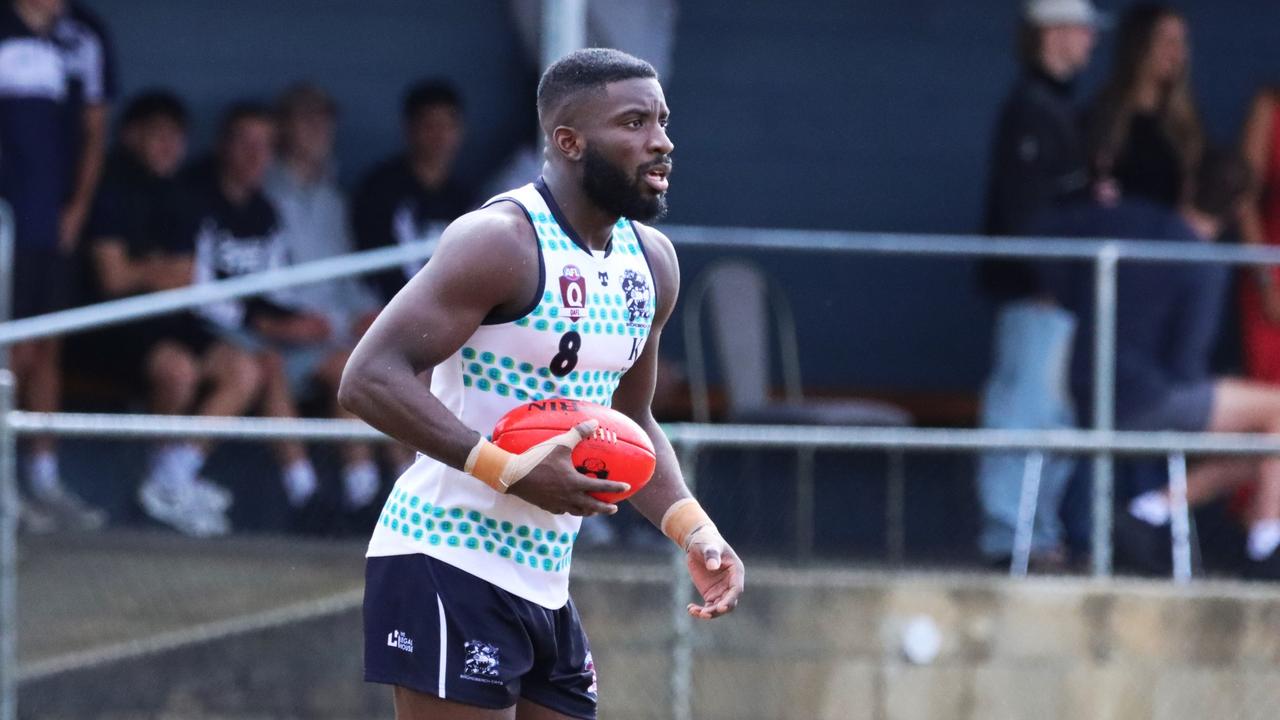 Broadbeach QAFL player Kwaby Boakye in action. Picture: Craig Slaney Sports Photography.