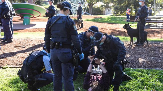 Police arrest a protester at the Sydney Freedom March. Picture: NCA NewsWire/Flavio Brancaleone