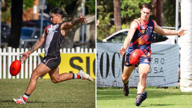 QAFL stars Kelly Castle (Morningside) and Ryan Crisp (Noosa). Pictures: Highflyer Images and Craig Slaney Sports Photography.