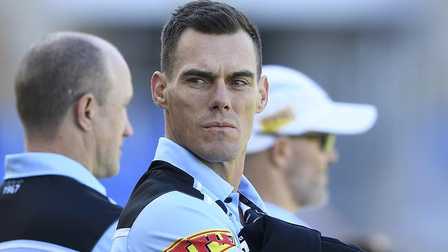 GOLD COAST, AUSTRALIA - JULY 04: Sharks coach John Morris looks on before the start of the round eight NRL match between the Gold Coast Titans and the Cronulla Sharks at Cbus Super Stadium on July 04, 2020 in Gold Coast, Australia. (Photo by Ian Hitchcock/Getty Images)