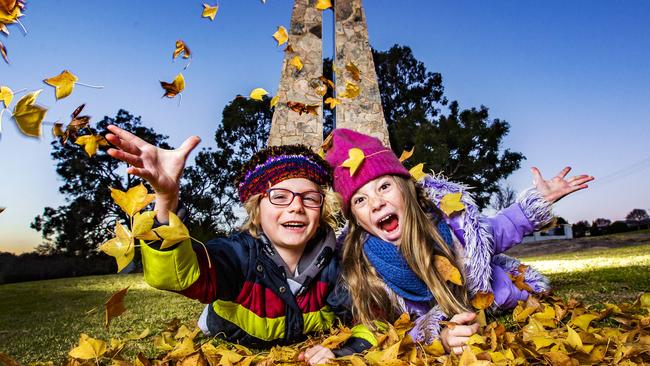 Oli, 8 and Milla Fraguas, 11, from Applethorpe during a cold snap in Stanthorpe. Picture: Nigel Hallett