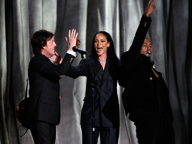 A true supergroup ... Paul McCartney, Rihanna and Kanye West perform FourFiveSeconds. Picture: Kevork Djansezian/Getty Images