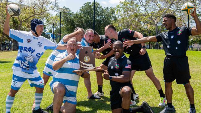 Stray Cats Peter 'Wongy' Wong, Heath 'Gucci' Thompson, Mark 'Gunner' Owens, Allan 'Yorock' Hunt and Captain Pierre Sajous, Captain Josiah Marlow, Sgt Chavon Williams, Cpl Kevin Palacios as the Stray Cats will take on the US Marines in their annual 9/11 memorial rugby game. Picture: Pema Tamang Pakhrin