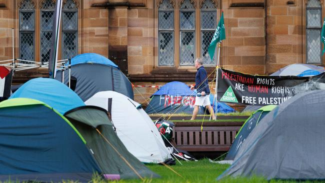 A pro-Gaza and Palestine encampment on the lawns of Sydney University this year.