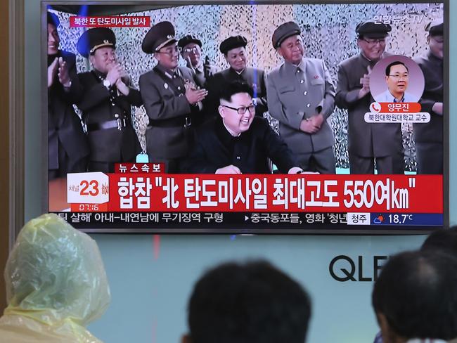 North Korean leader Kim Jong Un, bottom centre. Picture: AP