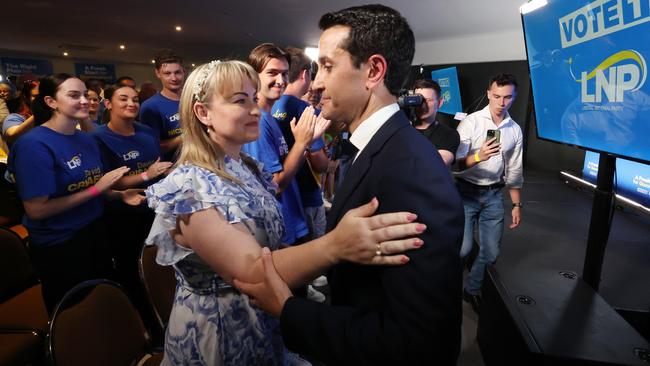 Mr Crisafulli embraces wife, Tegan, at the LNP campaign launch. Picture: Liam Kidston