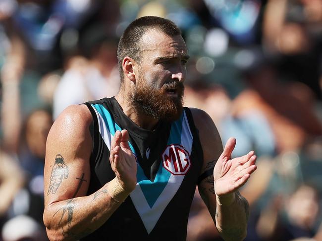 Port Adelaide’s extra flexibility will mean less ruck time for Dixon. Picture: James Elsby/AFL Photos via Getty Images