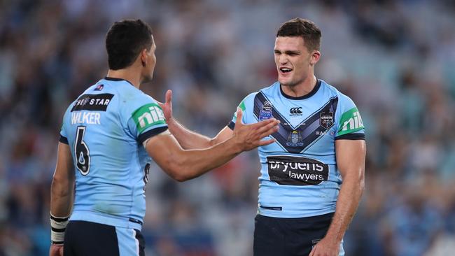 Cody Walker (L) was the perfect playmaking foil for Nathan Cleary in Origin II. Picture: Mark Kolbe/Getty Images