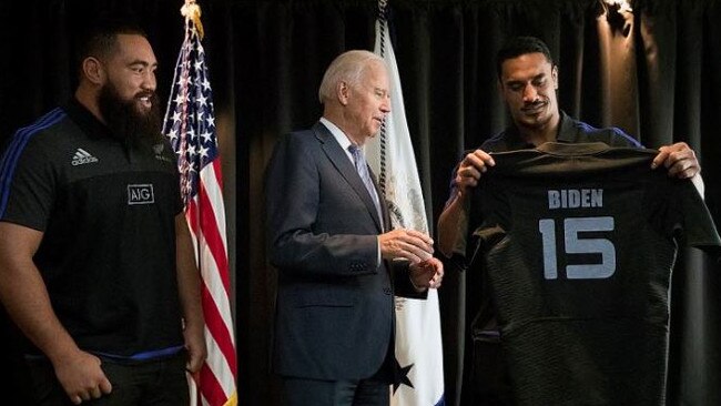 Joe Biden meets the All Blacks during a trip in 2016.