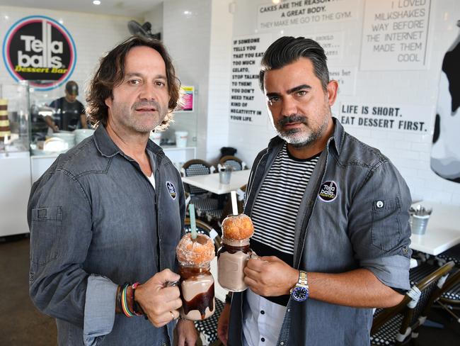 Founders Simon Kappatos (left) and Aki Daikos pose for a photo at Tella Balls Dessert in Dulwich Hill. Picture: AAP Image/Joel Carrett