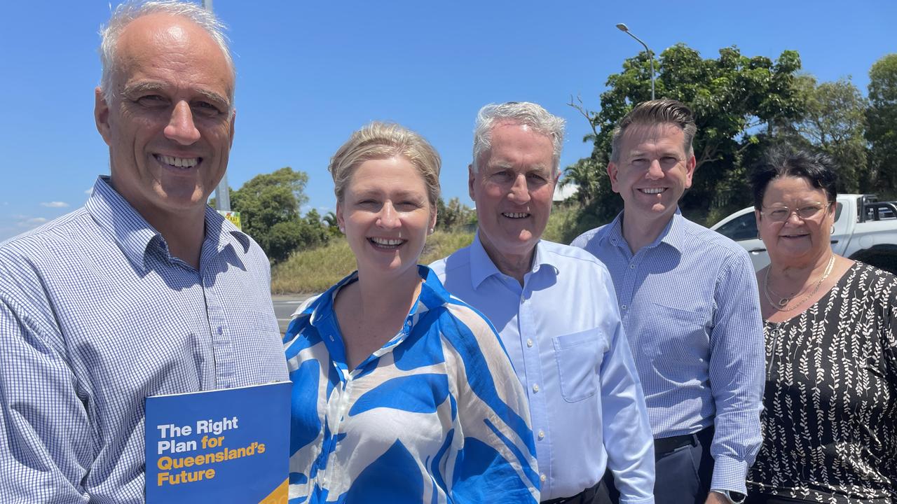 LNP commits $20m for upgrades to Mackay-Bucasia Roadalongside Mackay's mayor and deputy mayor at the Golf Links Road intersection. (L-R) Nigel Dalton, LNP candidate for Mackay, Whitsunday MP Amanda Camm, Mackay mayor Greg Williamson, LNP deputy leader Jarrod Bleijie, Mackay deputy mayor Karen May.