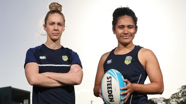 Jillaroos' teammates Karina Brown and Ness Foliaki. Picture: Peter Wallis