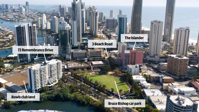 Surfers Paradise, showing Bruce Bishop car park and the former bowls club. Photo: Supplied