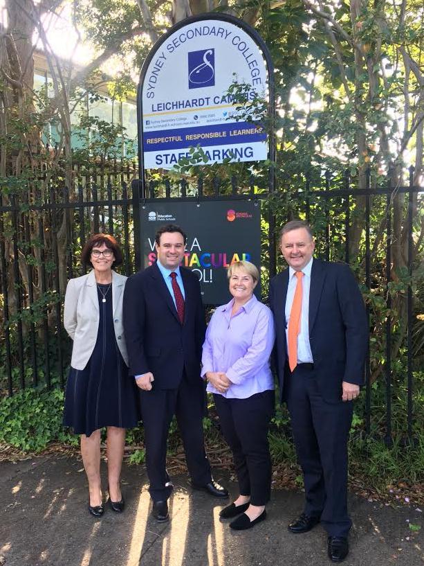 Stuart Ayres with Anthony Albanese, Sydney Secondary College principal Judy Kelly (left) and Leichhardt Campus principal Melinda Bright.