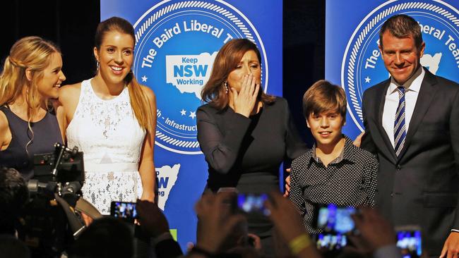 Pictured at the Liberal Party's celebration function at the Sofitel Hotel in Sydney tonight, is NSW Premier Mike Baird with his wife Kerryn, son Luke and daughters Cate and Laura, after claiming victory in today's State election. Photo: Tim Hunter.