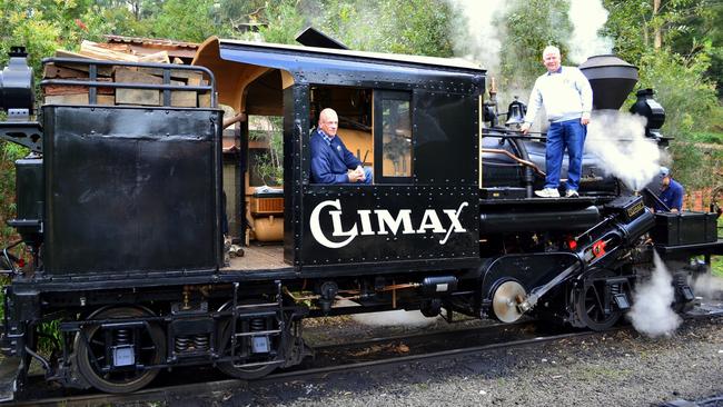 Wheatland brothers Russell (right) and Andrew pictured on the restored Climax 1694. Photo: Robert Smith