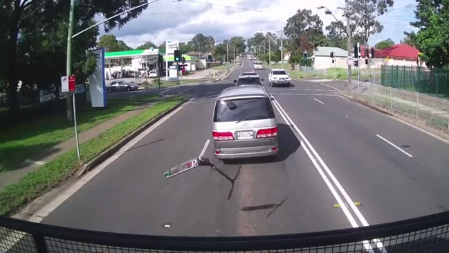 The rider’s scooter was launched into the air after the crash.