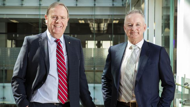 Channel Nine chief executive Hugh Marks (right) with former Australian federal treasurer Peter Costello. Picture: John Feder