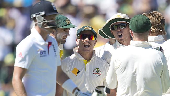 David Warner and Peter Siddle give Joe Root a send off.