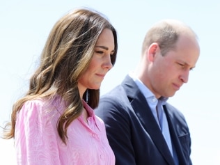 GREAT ABACO, BAHAMAS - MARCH 26: Catherine, Duchess of Cambridge and Prince William, Duke of Cambridge pay their respects during a visit to Abaco’s Memorial Wall to remember the many victims of the hurricane on March 26, 2022 in Great Abaco, Bahamas. Abaco was dramatically hit by Hurricane Dorian, It damaged 75% of homes across the chain of islands and resulted in tragic loss of life. During their visit to the Church they will hear first-hand what it was like to be on the island at the point the hurricane hit, and how people have come together to support each other during an incredibly difficult time. The Duke and Duchess of Cambridge are visiting Belize, Jamaica and The Bahamas on behalf of Her Majesty The Queen on the occasion of the Platinum Jubilee. The 8 day tour takes place between Saturday 19th March and Saturday 26th March and is their first joint official overseas tour since the onset of COVID-19 in 2020. (Photo by Chris Jackson/Getty Images)