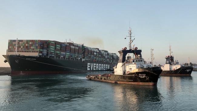 The Ever Given in its corrected position in Egypt's Suez Canal on Monday. Picture: AFP