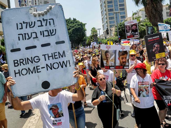 Demonstrators march during a protest by the mothers and relatives of Israelis held hostage by Palestinian militants in Gaza. Photo: AFP.