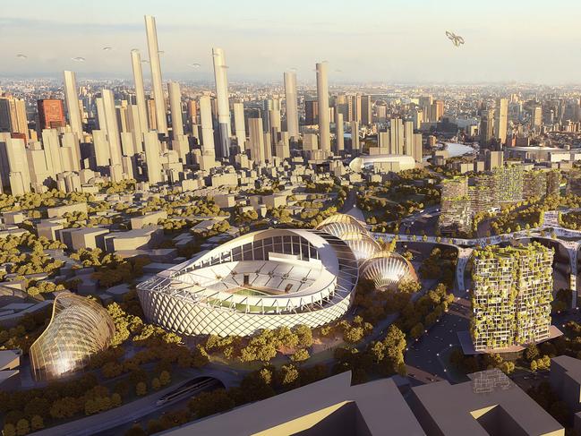 Urbis image of Victoria Park in future with Olympic stadium and central park, with raised walkways, surrounded by high-rise for Future SEQ series. Must credit Urbis