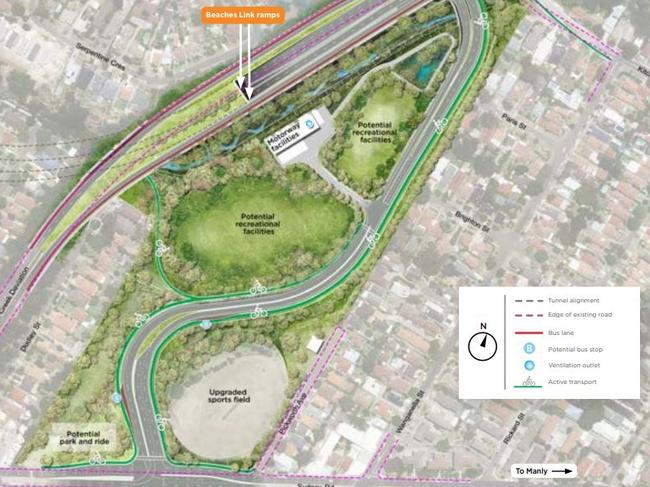 An artist’s impression of the Beaches Link showing a new road linking Burnt Bridge Creek Deviation with Sydney Rd, Balgowlah golf course being converted to community open space and no detail of what will replace Dudley St.