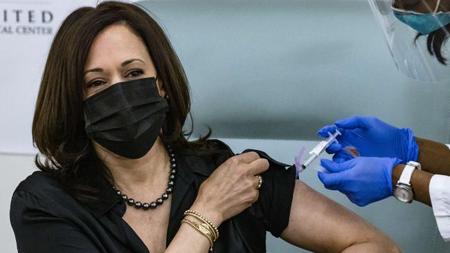 Vice President Kamala Harris is administered the Moderna COVID-19 vaccine.