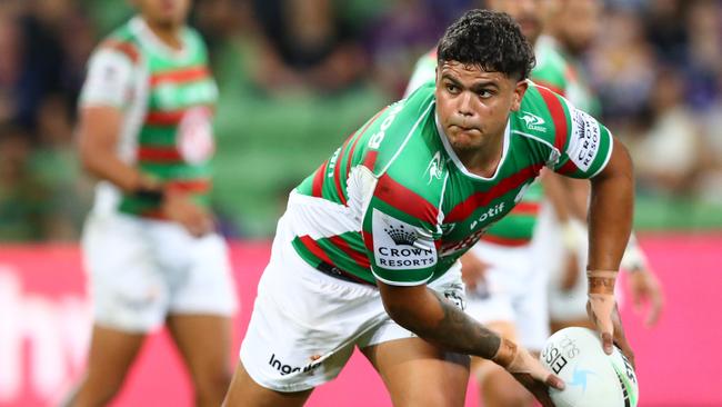 MELBOURNE, AUSTRALIA - MARCH 17: Latrell Mitchell of the Rabbitohs passes during the round two NRL match between the Melbourne Storm and the South Sydney Rabbitohs at AAMI Park, on March 17, 2022, in Melbourne, Australia. (Photo by Kelly Defina/Getty Images)