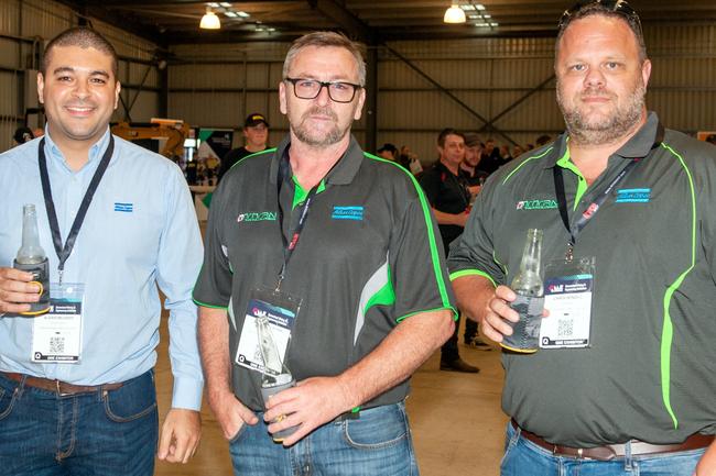 Alexis Meunier, Peter Gallacher and Chris Windle from Brisbane at the QME Mackay 2022 Opening Party in conjunction with Queensland Resources Council sponsored by Hastings Deering. Picture: Michaela Harlow