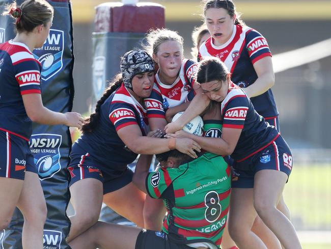 Desperate Roosters defence prevents a try. Picture: Sue Graham