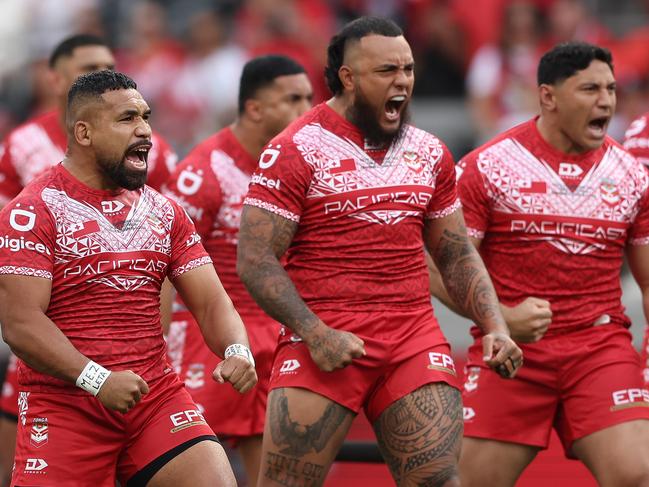 Siliva Havili of Tonga leads the Sipi Tau. Picture: Matt King/Getty Images